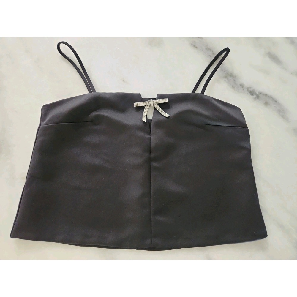 DIVIDED H&M Dressy Black Satin Cropped Cami Top Rhinestone Bow Formal MEDIUM EC